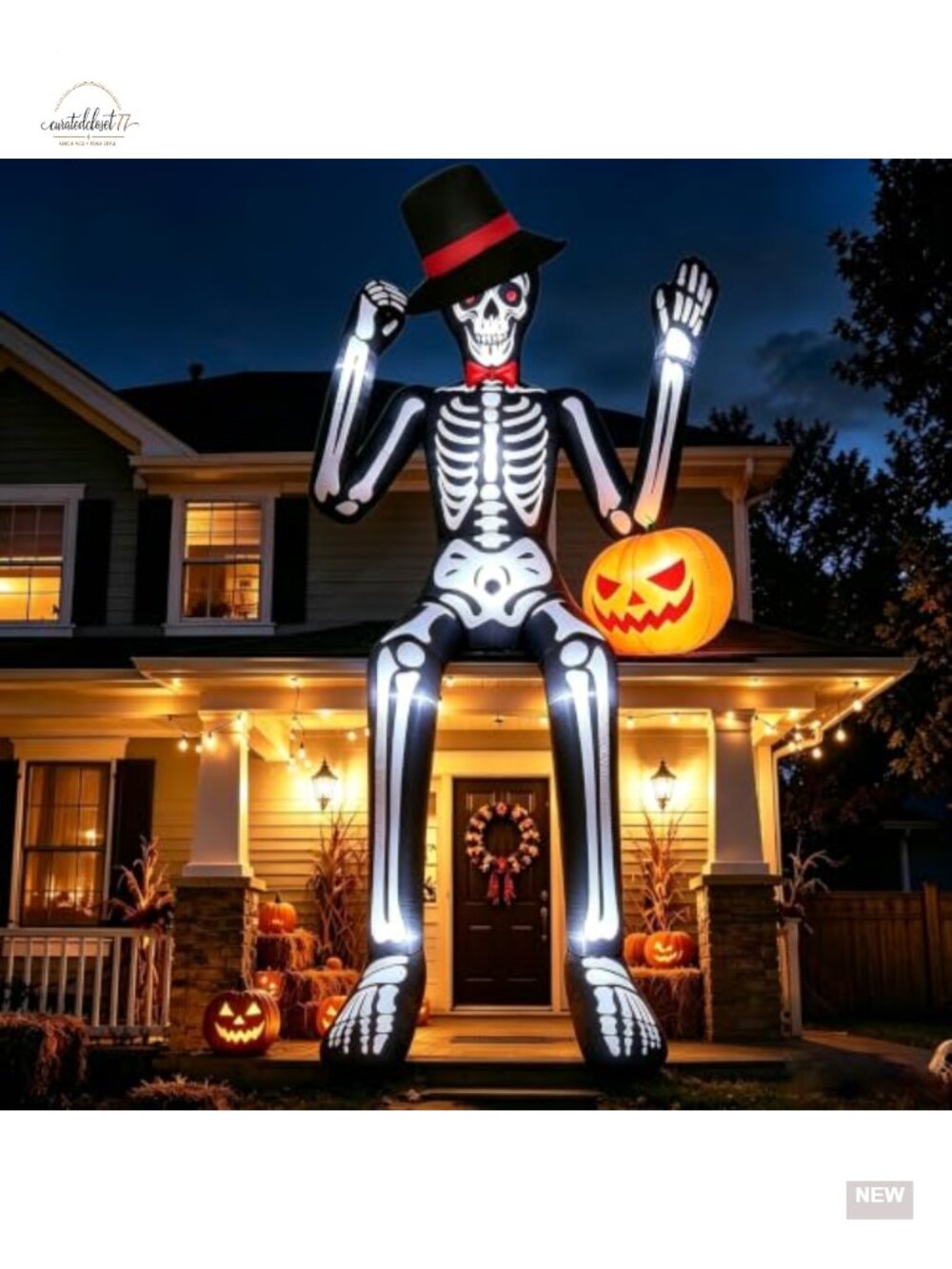 12FT Halloween Inflatable Skeleton with Pumpkin - Self-Inflating LED